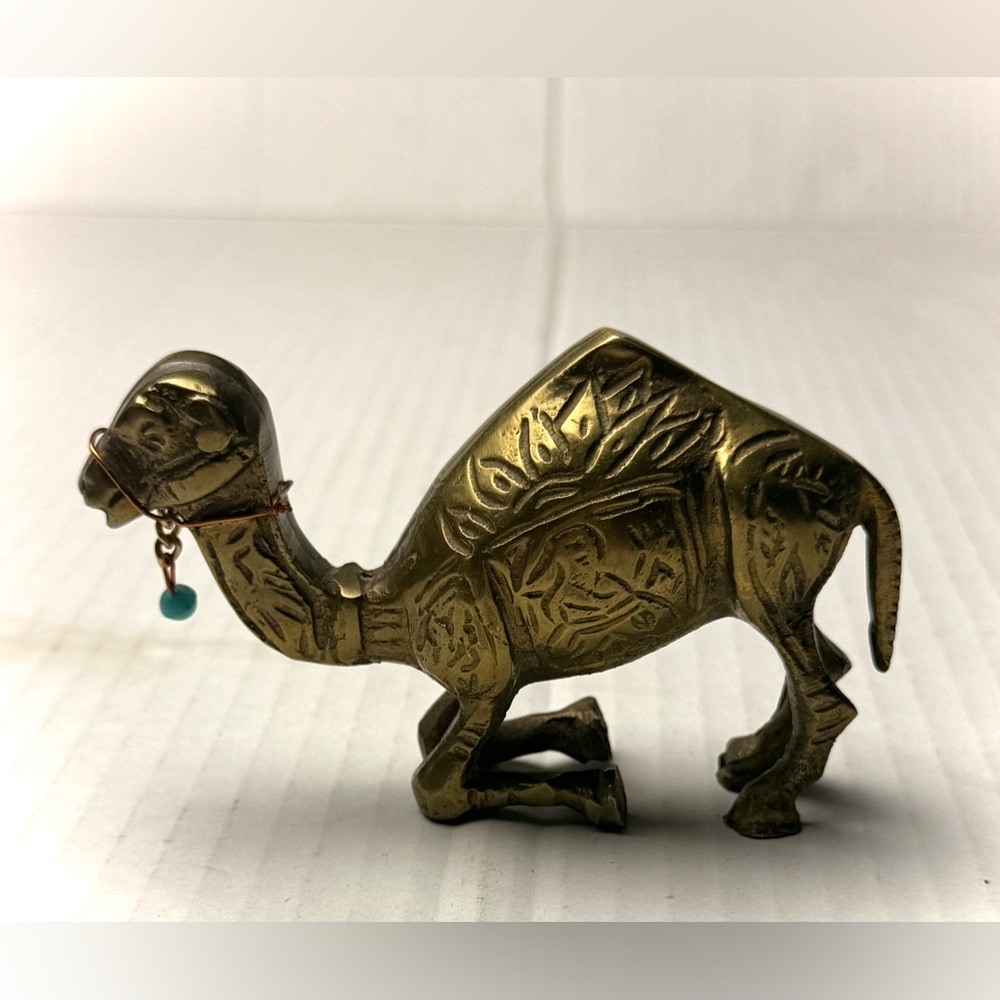Vintage Brass Kneeling Camel Figurine Egyptian Design Engraved Bead Wire Halter